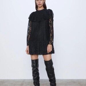 Zara Black Lace Mini Dress With Ruffled Yoke & Sheer Sleeves Size M